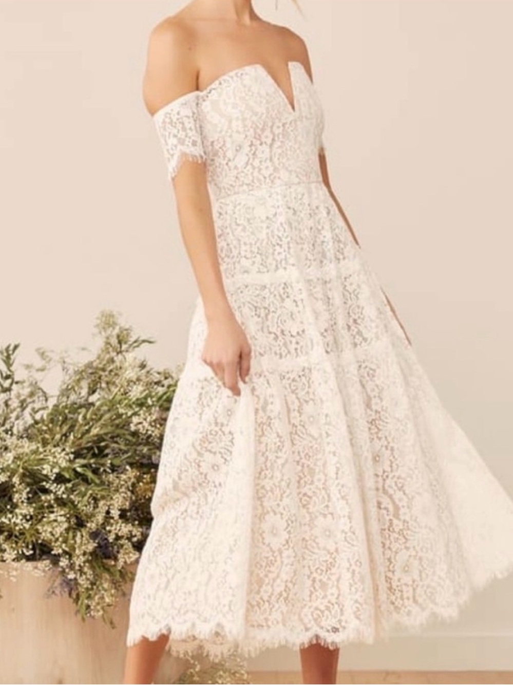 Lulu's Ivory One-Shoulder Lace Midi Dress